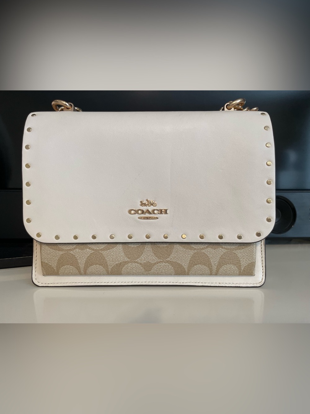 Coach Cream and Tan Signature Flap Bag with Gold Studs